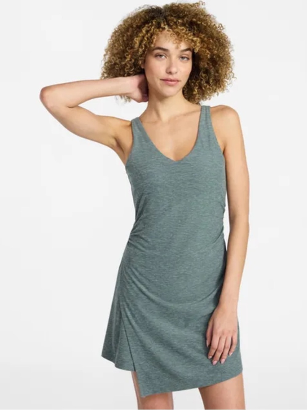 Sleeveless V-Neck Heathered Green Tank Dress